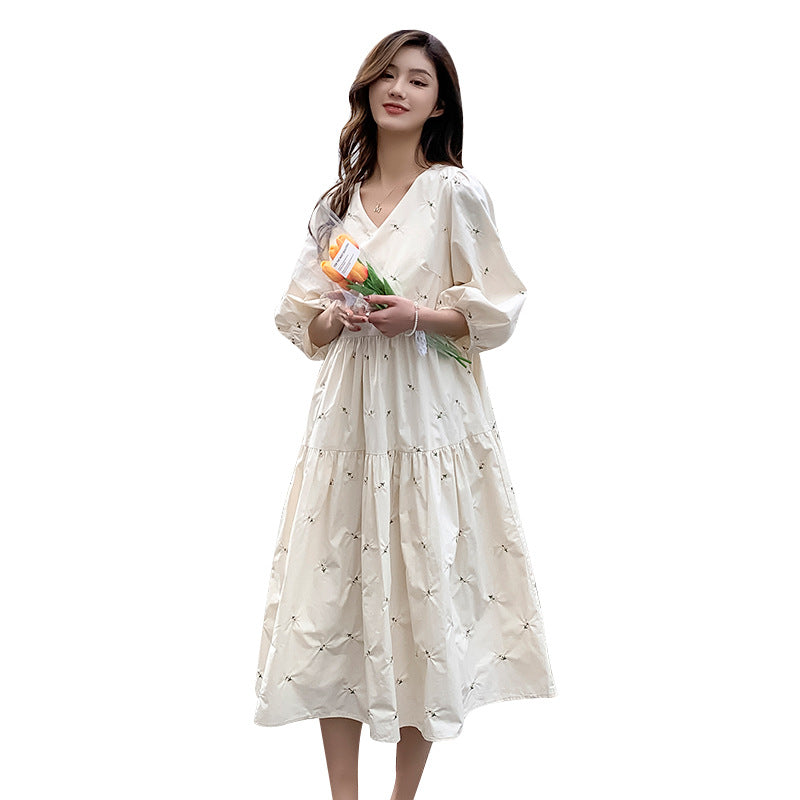 Summer Embroidered Mid-Length High Waist Maternity Dress
