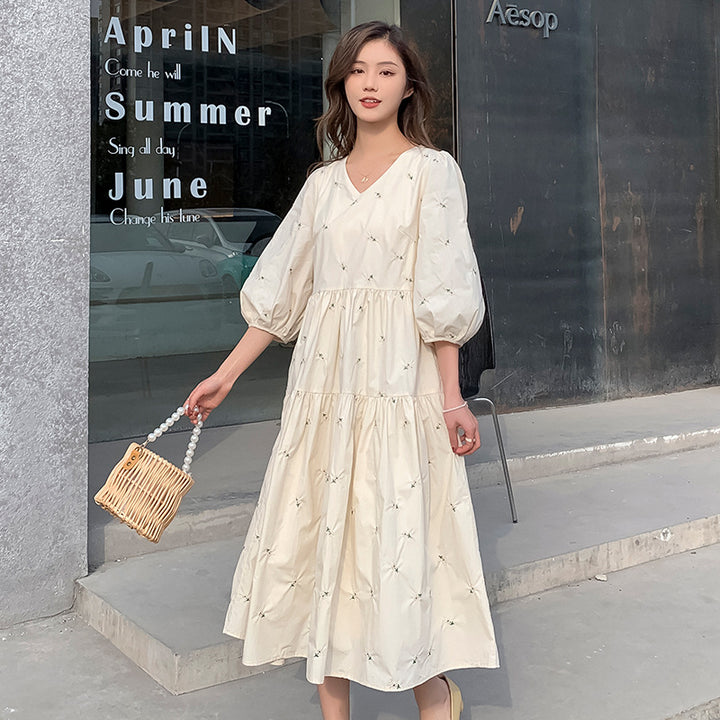 Summer Embroidered Mid-Length High Waist Maternity Dress