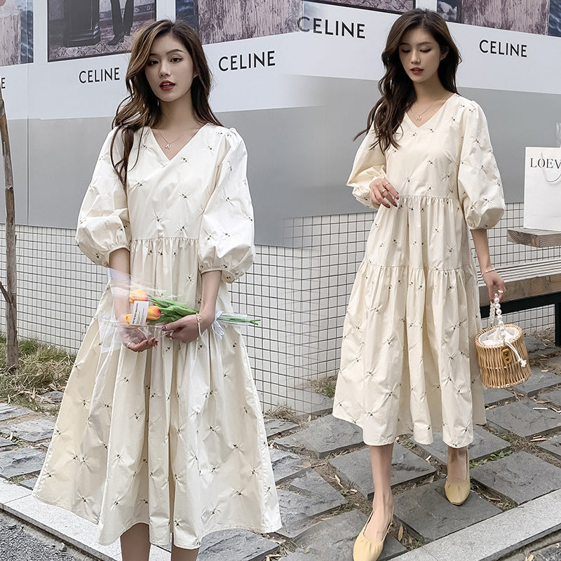 Summer Embroidered Mid-Length High Waist Maternity Dress