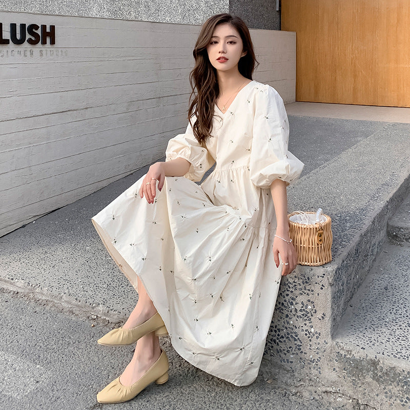Summer Embroidered Mid-Length High Waist Maternity Dress