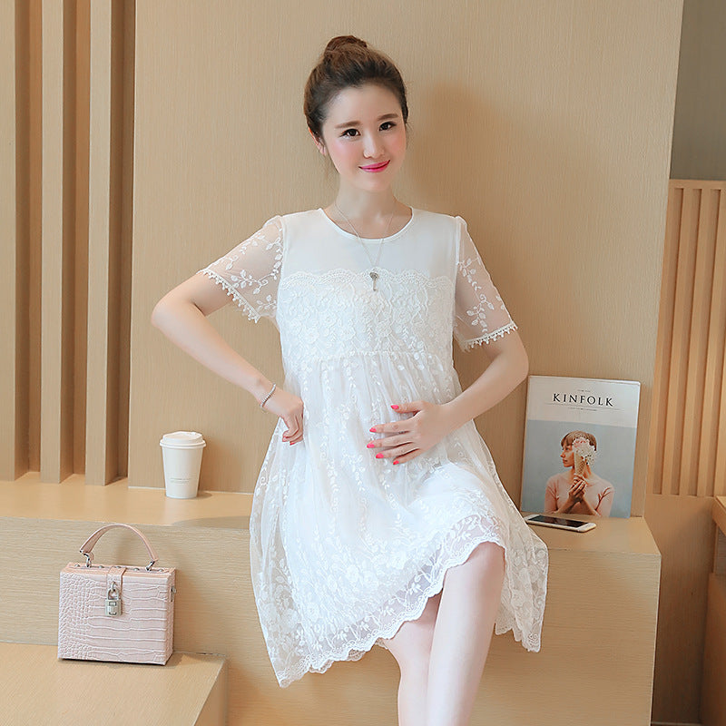 Summer Lace Crochet Flower Korean Maternity Dress