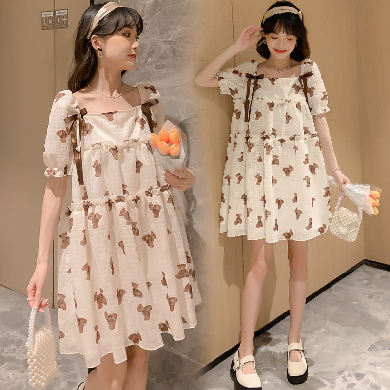 Thin Chiffon Printed Mid Length Maternity Dress