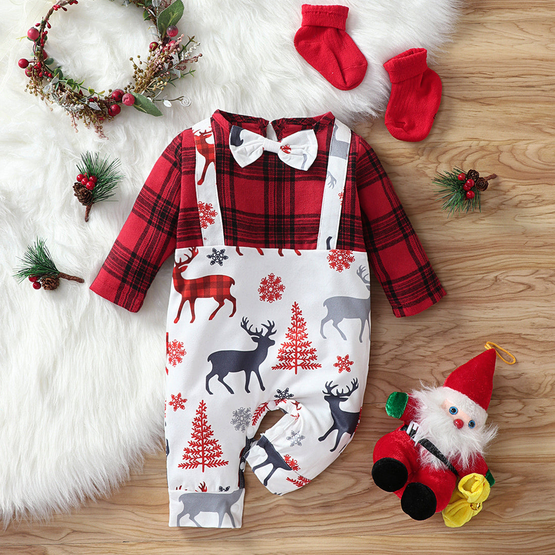 Baby Cotton Santa Patchwork Plaid Bodysuit