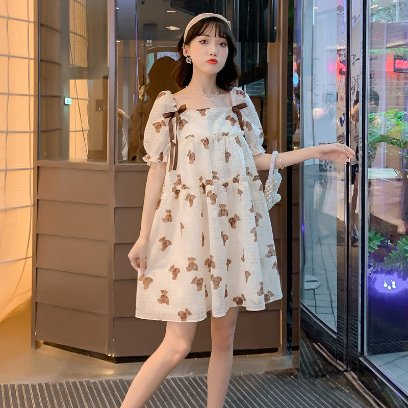Thin Chiffon Printed Mid Length Maternity Dress